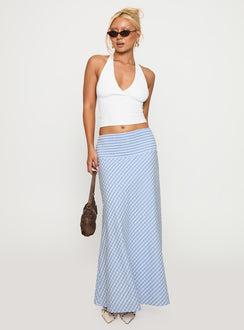   side view of model wearing Princess Polly Every Girl Shirred Maxi Skirt Blue Check Maxi 