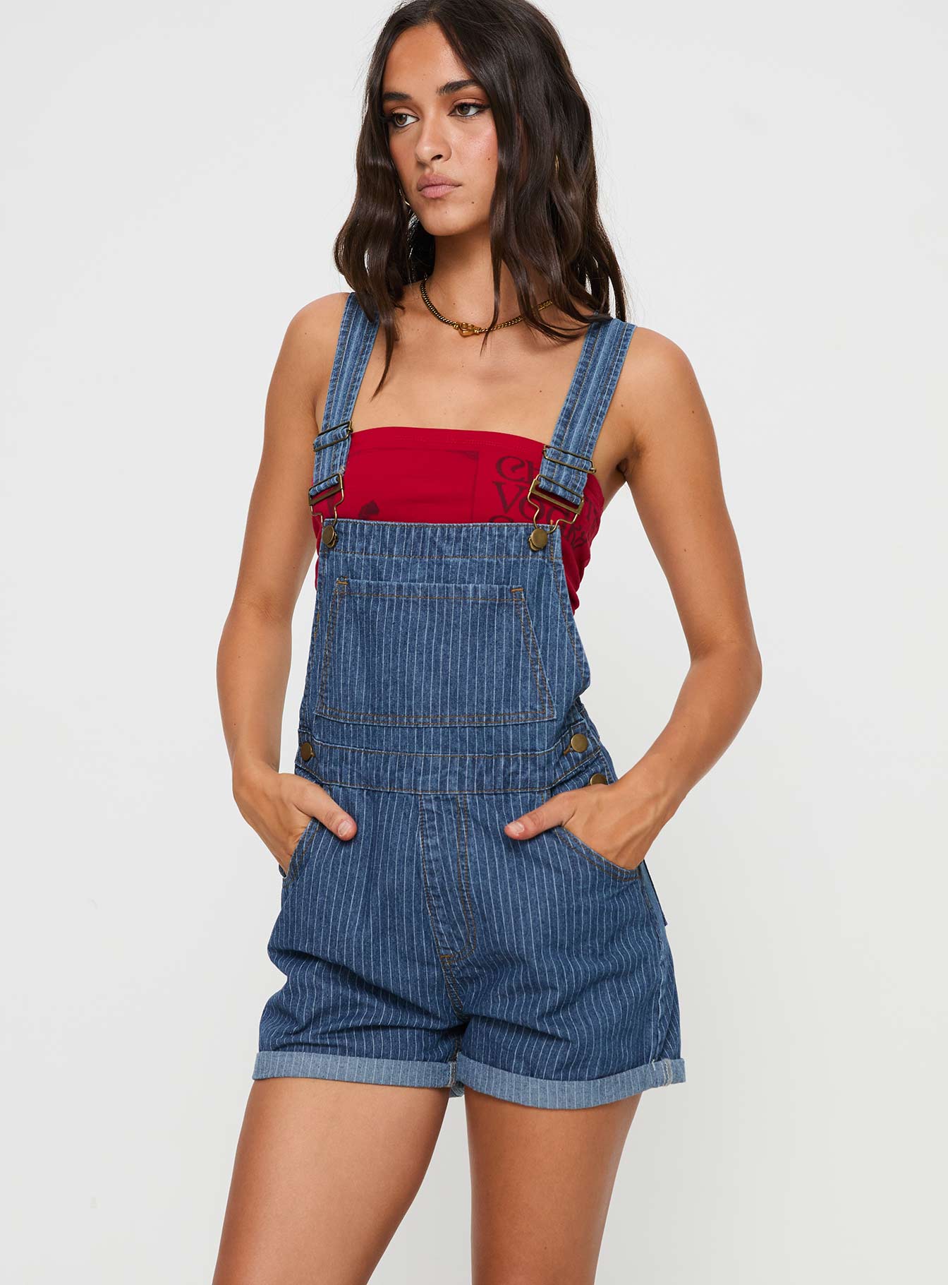 Blue Overalls Pinstripe print, gold-toned hardware, five pocket design, button fastening