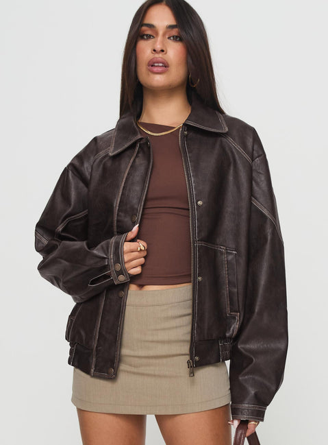 Jaxton Faux Leather Jacket Brown Petite