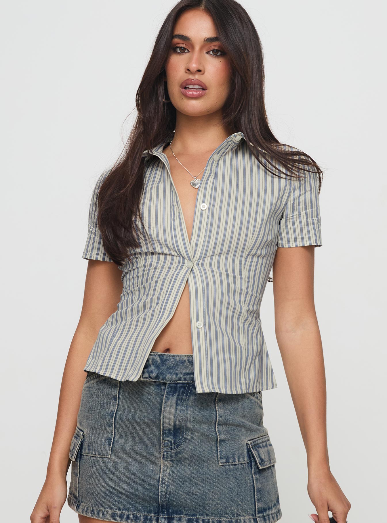 front view of model wearing Princess Polly Peppy Shirt Stripe Short Sleeves V-Neck 