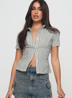 front view of model wearing Princess Polly Peppy Shirt Stripe Short Sleeves V-Neck 