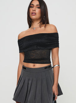 front view of model wearing Princess Polly Werrender Off The Shoulder Top Black Short Sleeves straight 