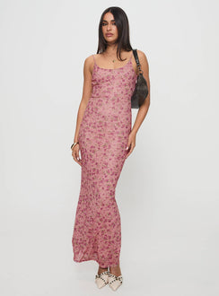 side view of model wearing Princess Polly Kastin Maxi Dress Pink Floral Scoop Neck 