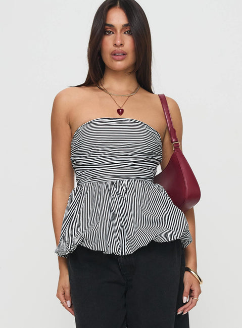 front view of model wearing Princess Polly Selenea Bubble Hem Top Black / White Sleeveless straight 