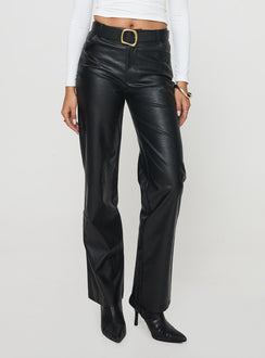 front view of model wearing Princess Polly Benner Low Waist Wide Leg Faux Leather Pants Black High Waisted Pants 
