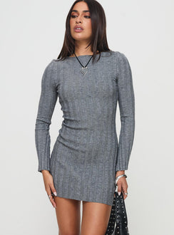 front view of model wearing Princess Polly Rich Girl Mini Dress Grey Marle Boat Neck 