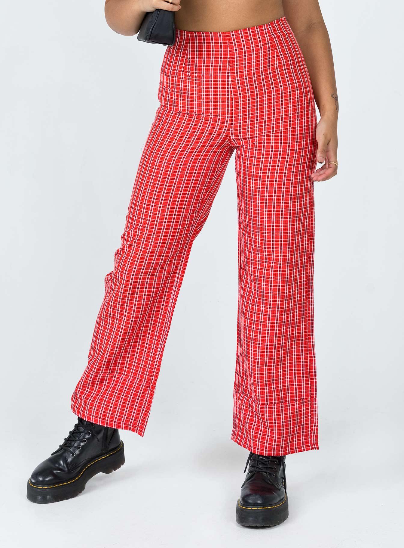 front view of model wearing Princess Polly Euros Pants Red Tartan 