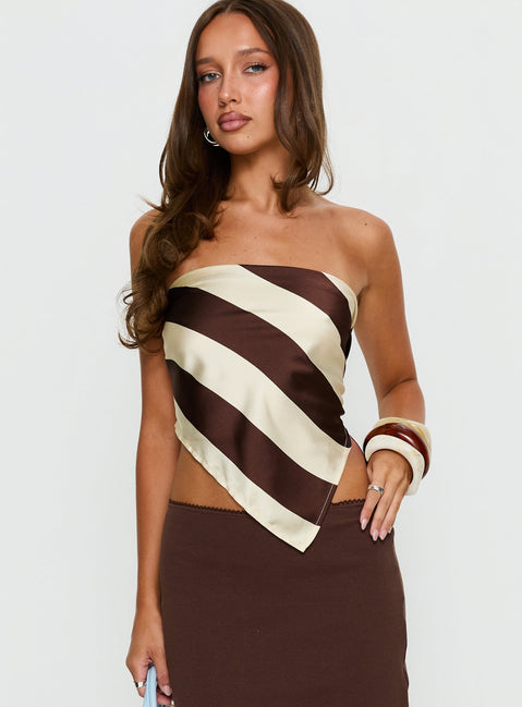 Lailana Tie Back Strapless Scarf Top Brown Stripe