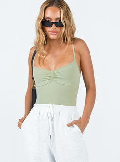 front view of model wearing Princess Polly Linden Bodysuit Khaki Sleeveless Sweetheart 