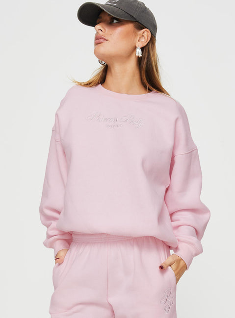 front view of model wearing Princess Polly Princess Polly Crew Neck Sweatshirt Script Baby Pink / Grey 