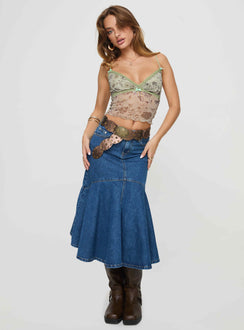 Denim midi skirt Belt looped waist, classic five pocket design, button & zip fastening, peplum hem Non-stretch material, unlined 