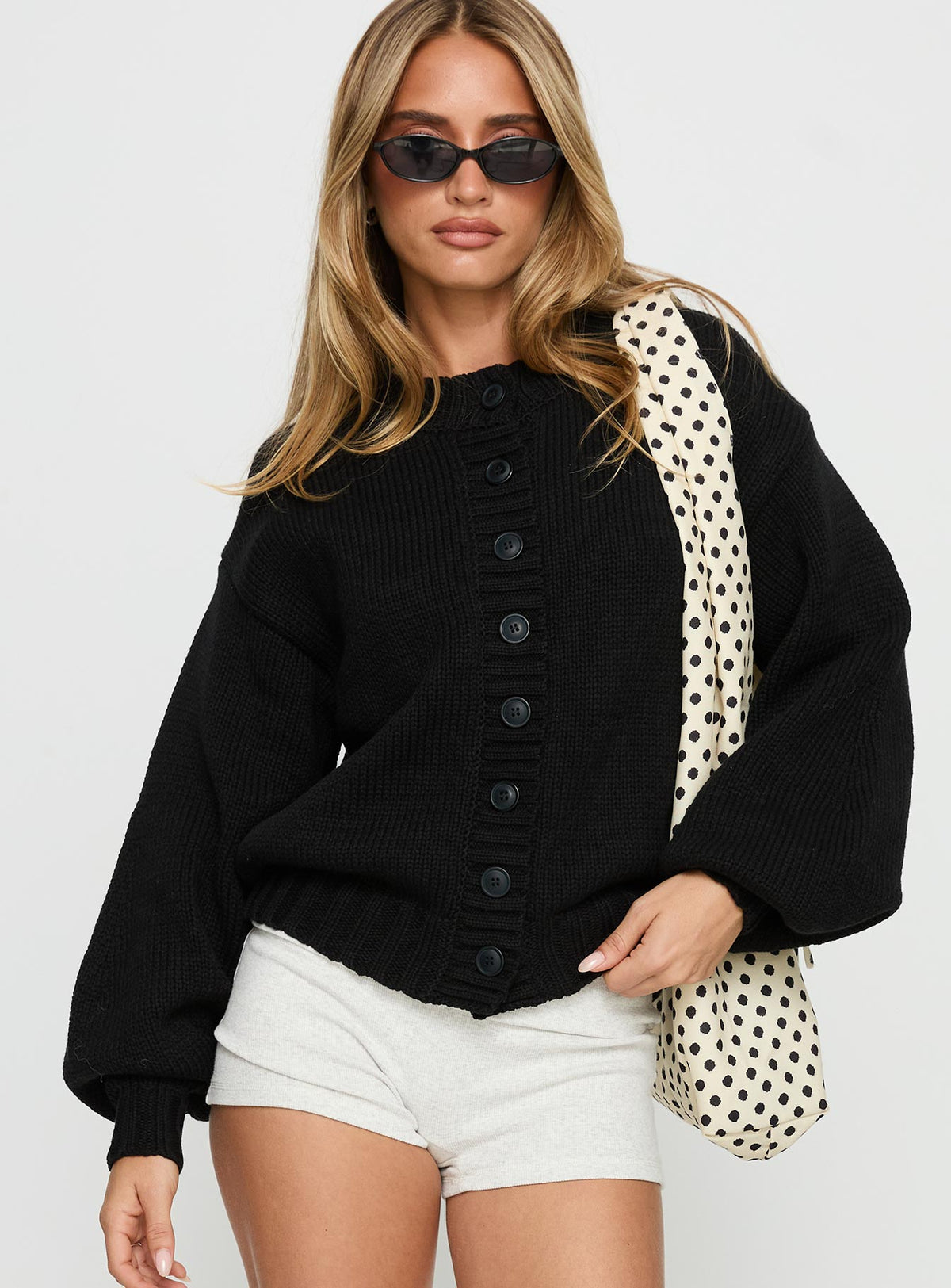 front view of model wearing Princess Polly Edern Cardigan Black Cropped Jumpers Jumpers 