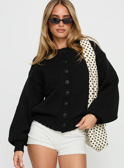 front view of model wearing Princess Polly Edern Cardigan Black Cropped Jumpers Jumpers 