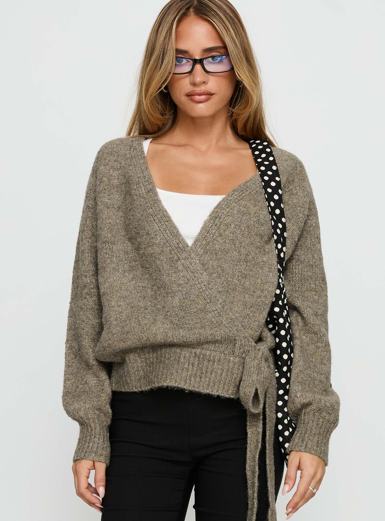 front view of model wearing Princess Polly Daelan Wrap Knit Cardigan Brown regular 