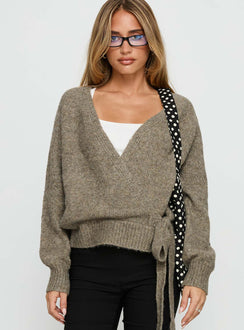 front view of model wearing Princess Polly Daelan Wrap Knit Cardigan Brown regular 