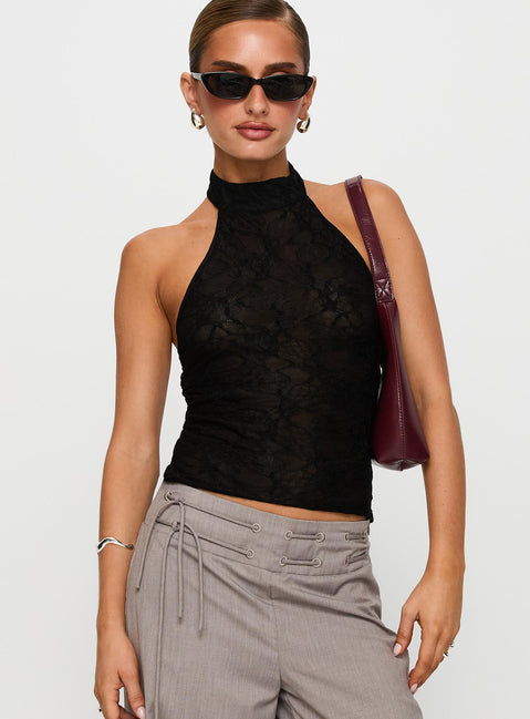 front view of model wearing Princess Polly Hotter Than Fire Lace Halter Top Black Sleeveless High Neck 