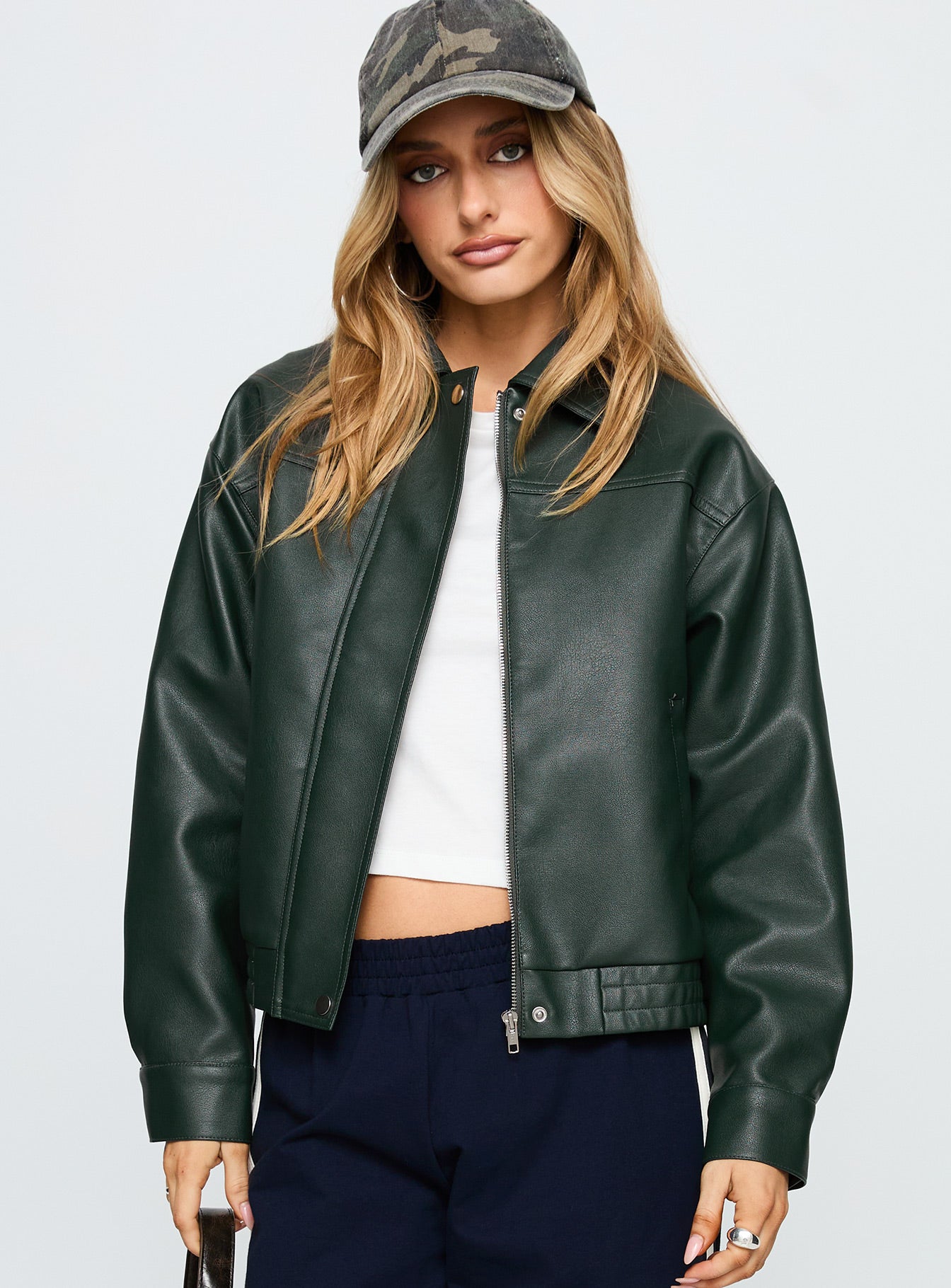 Privilege Faux Leather Bomber Jacket Green