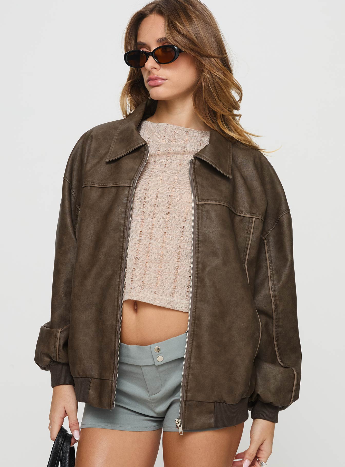 Goldsmith Faux Leather Bomber Jacket Washed Brown Petite
