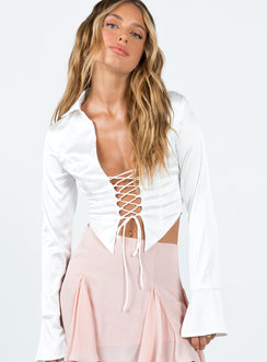 Front view of model wearing  front Princess Polly Full Sleeves Scoop Neck  Baskin Top White