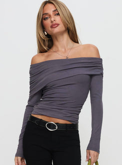 front view of model wearing Princess Polly Erving Long Sleeve Off Shoulder Top Slate Full Sleeves straight 