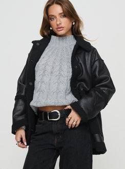 Faux leather jacket  Oversized fit, classic collar, press button fastening, twin hip pockets Non-stretch material, shearling lining