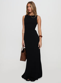 front view of model wearing Princess Polly Ace Of Hearts Backless Maxi Dress Black Petite Crew Neck 