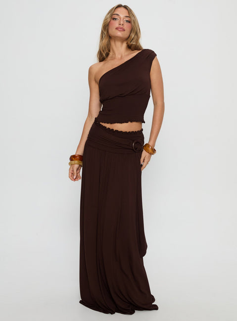   front view of model wearing Princess Polly Full Orbit Shirred Maxi Skirt Chocolate Brown Maxi Skirts 