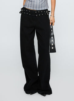side view of model wearing Princess Polly Baccarat Belted Denim Pant Black Low Rise Jeans 