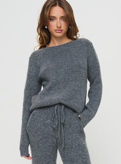 front view of model wearing Princess Polly Abrams Rib Knit Crew Sweater Charcoal Marle 