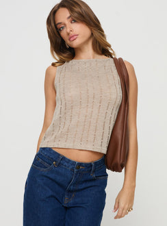 side view of model wearing Princess Polly Cassander Top Beige Sleeveless High Neck 