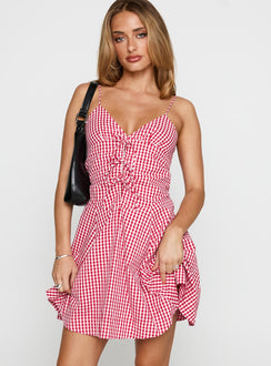 Hold Her Ruched Mini Dress Red Gingham