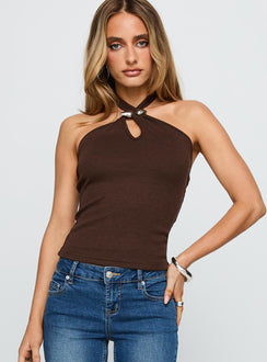 front view of model wearing Princess Polly Evandar Hardware Detail Halter Top Brown Sleeveless Asymmetric Neckline 