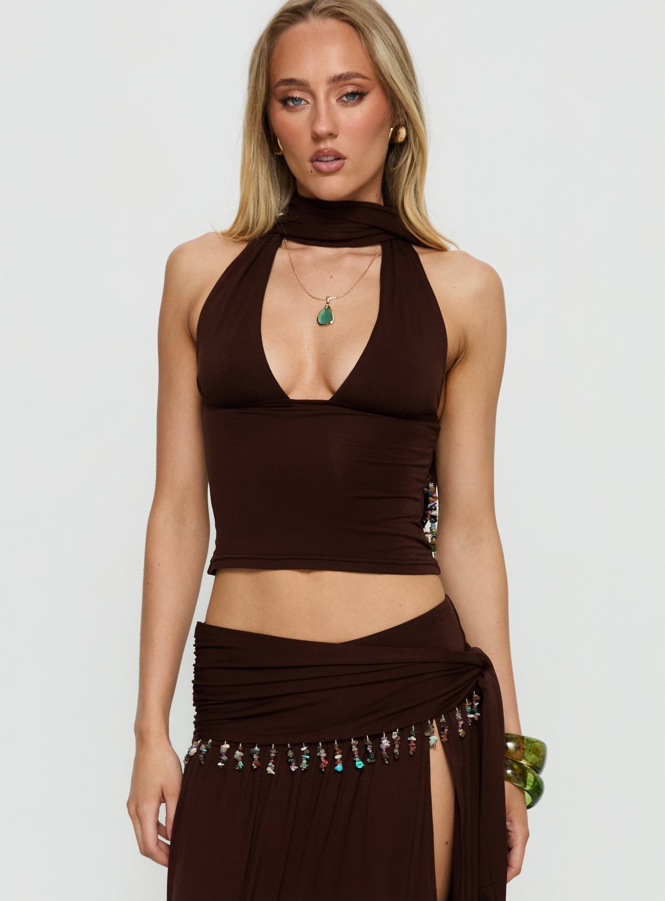 Spirita Beaded Halter Top Brown