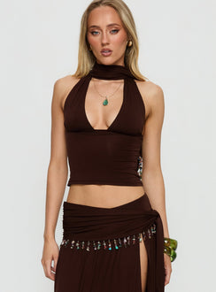 Spirita Beaded Halter Top Brown