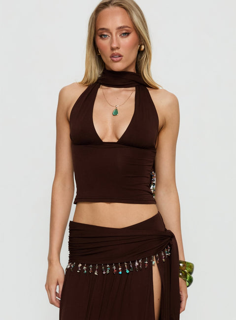 Spirita Beaded Halter Top Brown