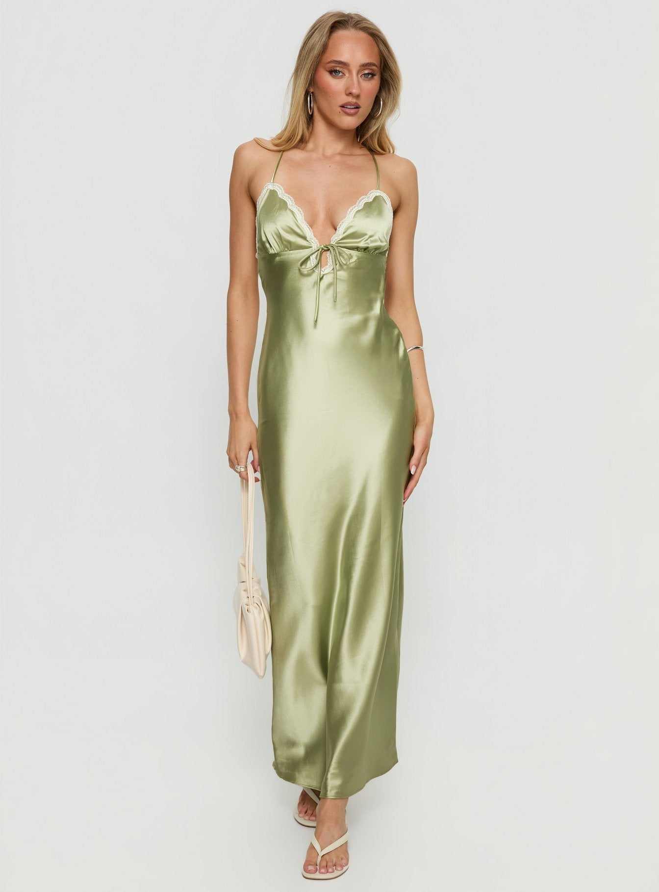 Alysa Lace Trim Halter Maxi Dress Green Alysa Lace Trim Halter Maxi Dress Green