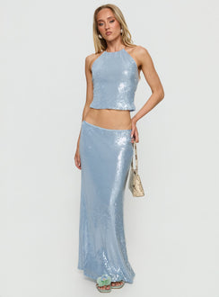   front view of model wearing Princess Polly Emalia Sheer Sequin Maxi Skirt Blue 