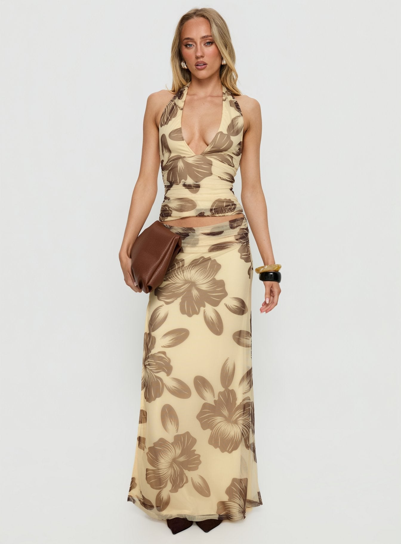   front view of model wearing Princess Polly Roselin Mesh Maxi Skirt Brown Floral Maxi Skirts 