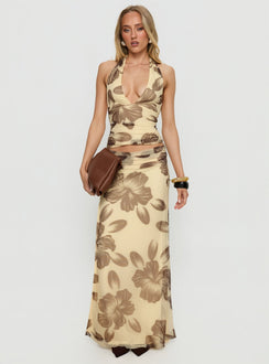   front view of model wearing Princess Polly Roselin Mesh Maxi Skirt Brown Floral Maxi Skirts 