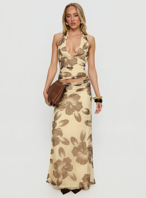   front view of model wearing Princess Polly Roselin Mesh Maxi Skirt Brown Floral Maxi Skirts 