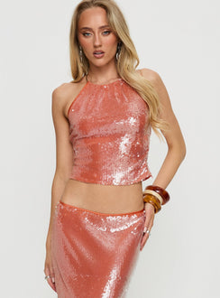 Emalia Halter Sheer Sequin Top Orange