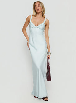 Baley Satin Bias Cut Frill Maxi Dress Blue