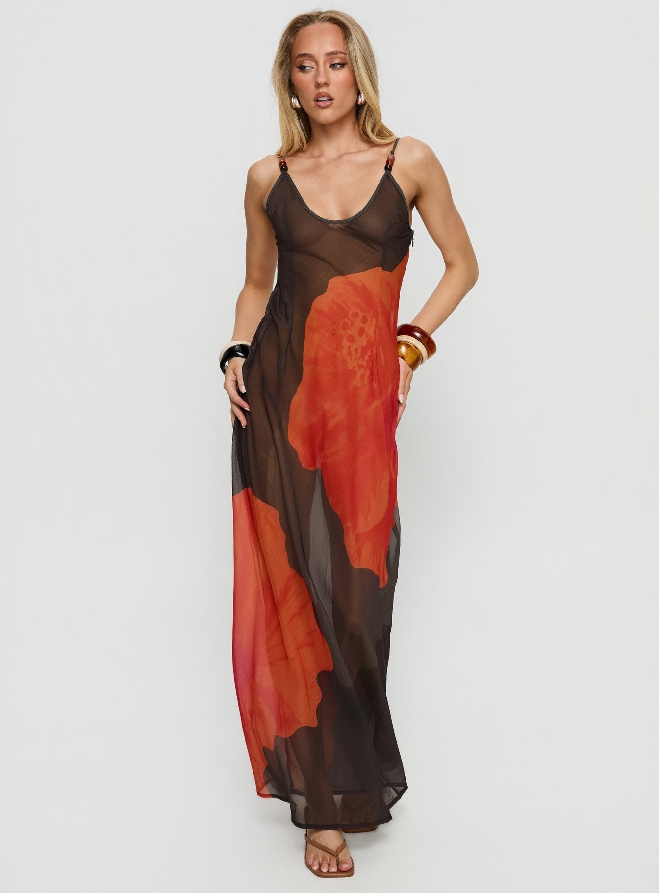 Carita Sheer Chiffon Maxi Dress Brown / Orange Floral