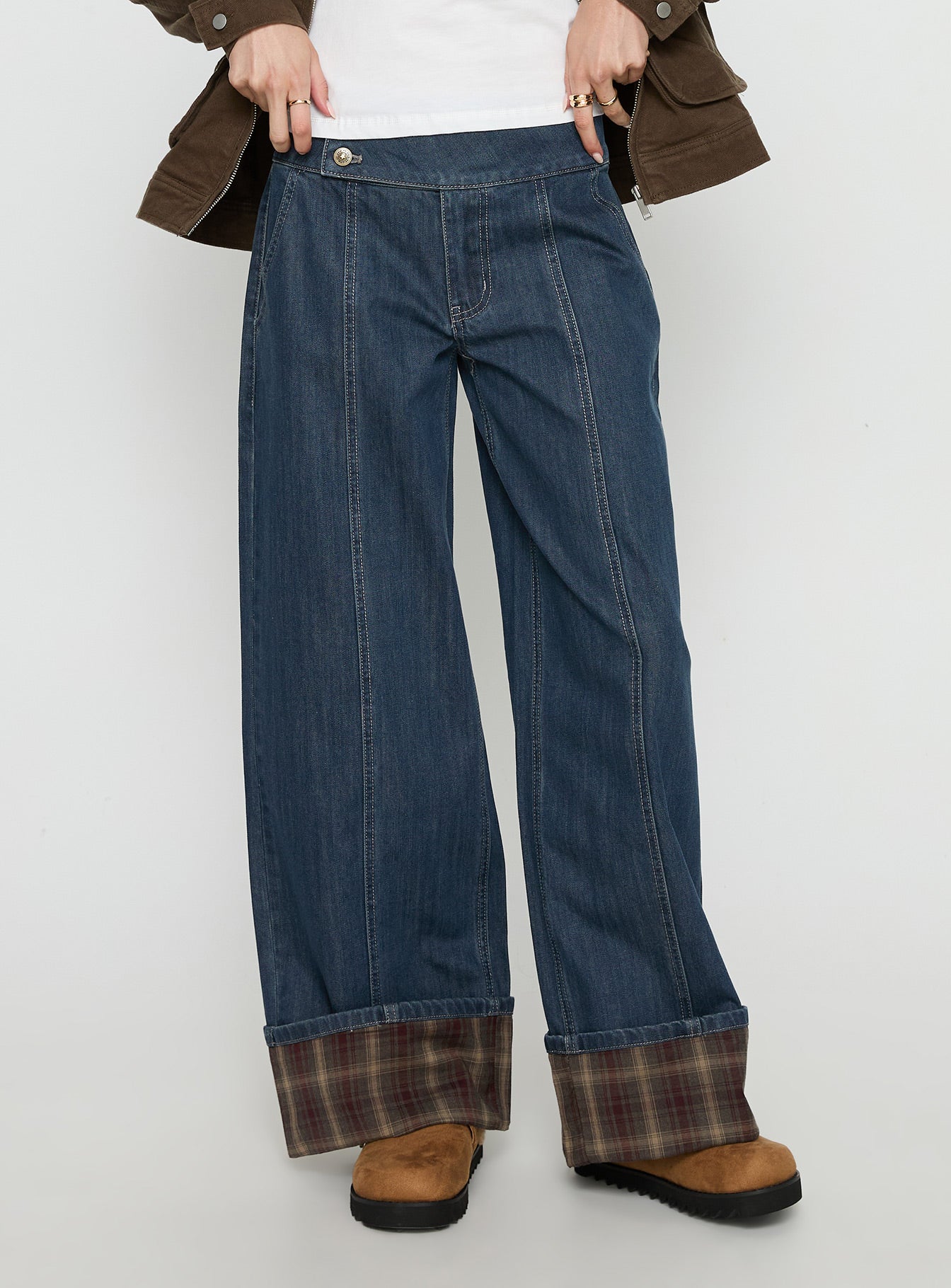 side view of model wearing Princess Polly Nikoletta Foldover Jeans Dark Wash / Check Mid Rise Jeans 