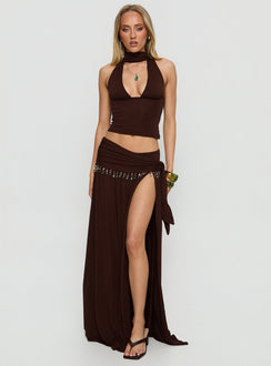   front view of model wearing Princess Polly Spirita Beaded Sarong Maxi Skirt Brown Maxi Skirts 