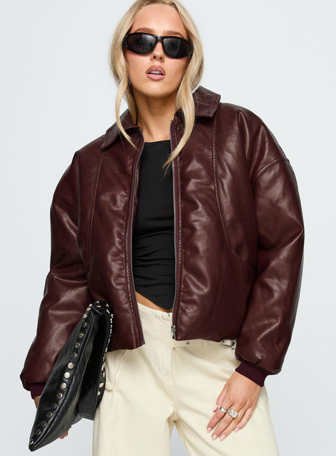 Worldwide Faux Leather Jacket Burgundy