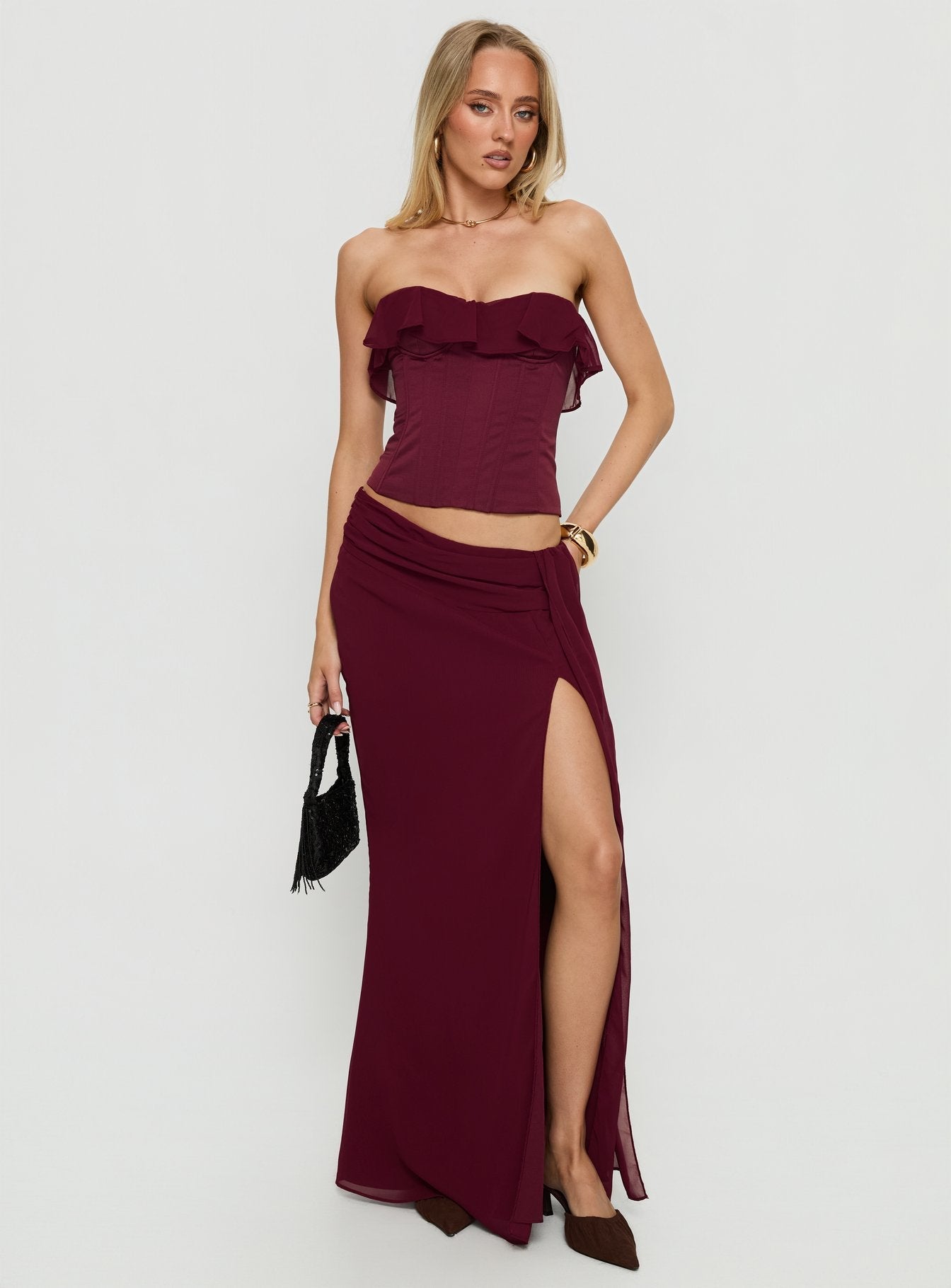   front view of model wearing Princess Polly Hollian Draped Maxi Skirt Wine Maxi Skirts 