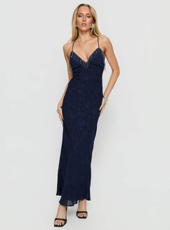 Alvera Fringe Beaded Maxi Dress Navy