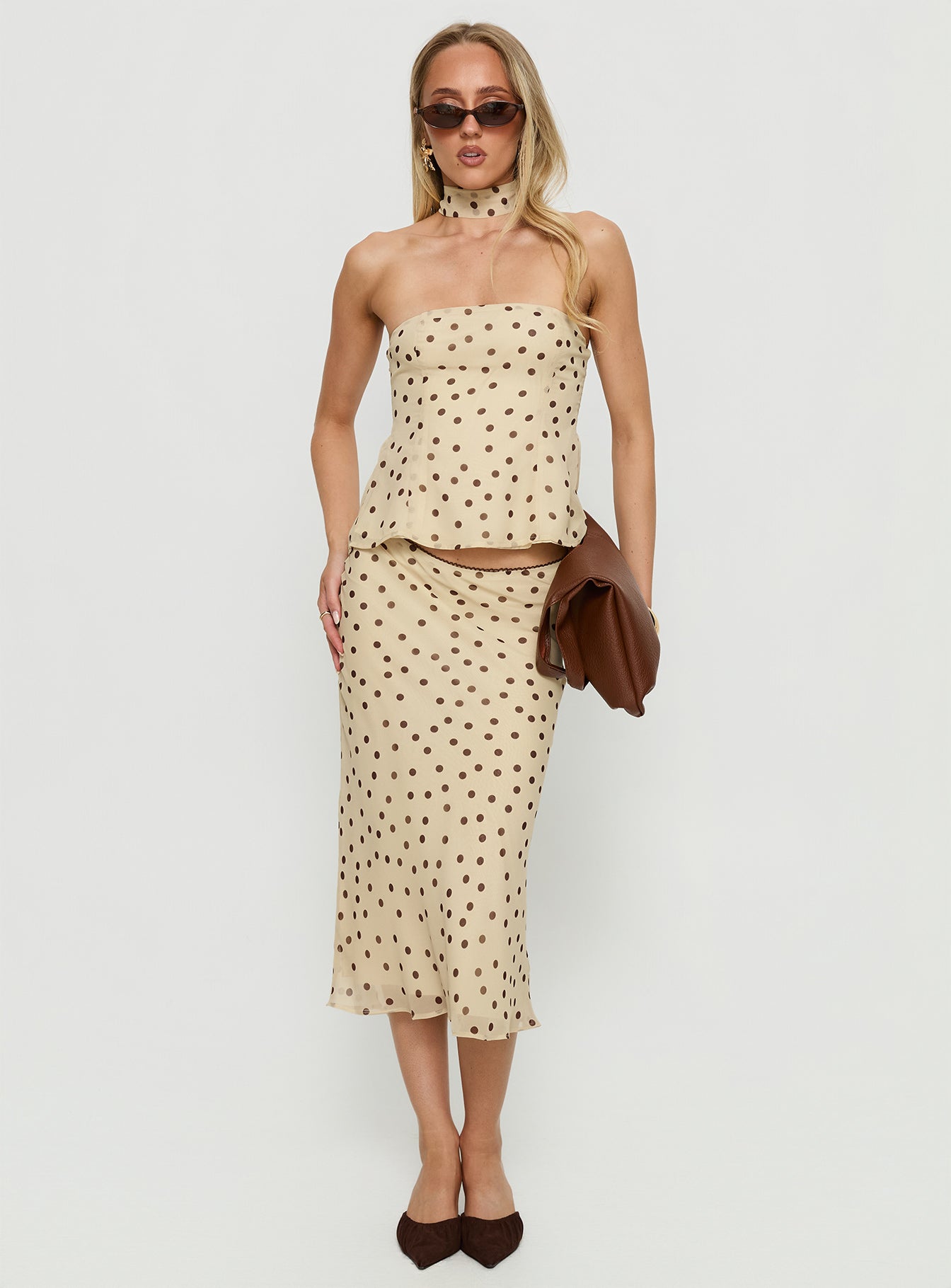   front view of model wearing Princess Polly Sydni Midi Bias Cut Skirt Yellow / Chocolate Polka Midi Skirts 