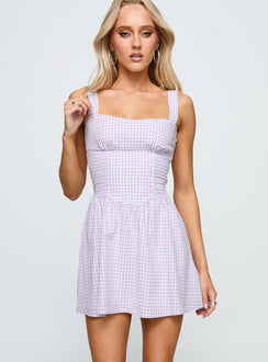 front view of model wearing Princess Polly Gentle Soul Mini Dress Purple Multi Sweetheart Neckline 